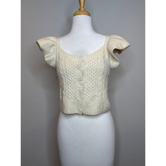 Sea New York 100% Merino Cable Knit Wool Flutter Sleeve Cardigan Womens M - Picture 1 of 7